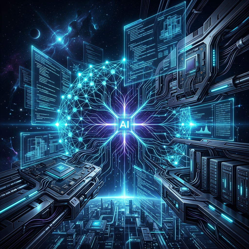 Abstract visualization of AI breakthroughs featuring glowing nodes and dark mode cinematic lighting